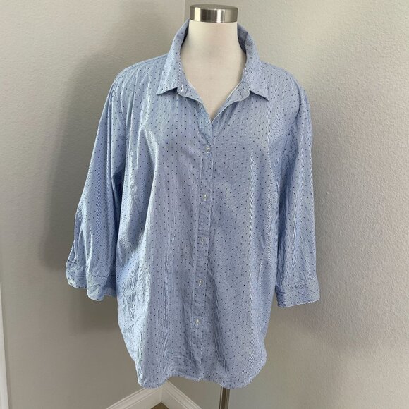 Liz Claiborne Woman Plus 2X Stretch Button Up Shirt Blue Polka Dot 3/4 Sleeve - Picture 1 of 9